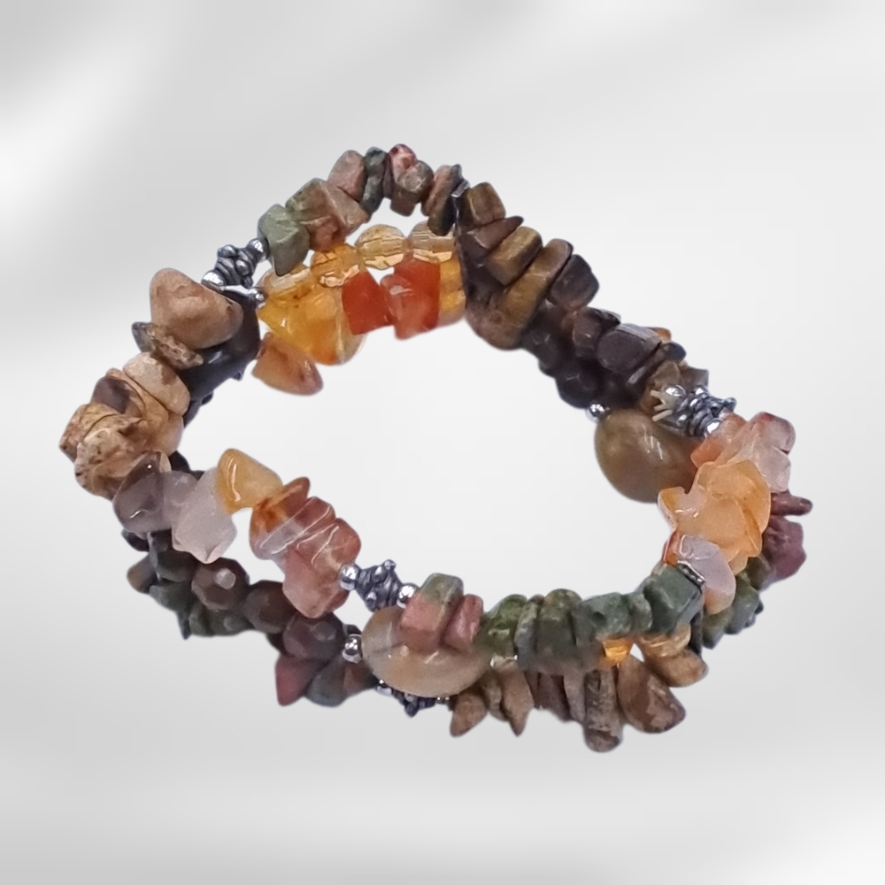 Earth Tone Stone Chip Multi-Strand Stretch Bracelet | Boho Natural Look